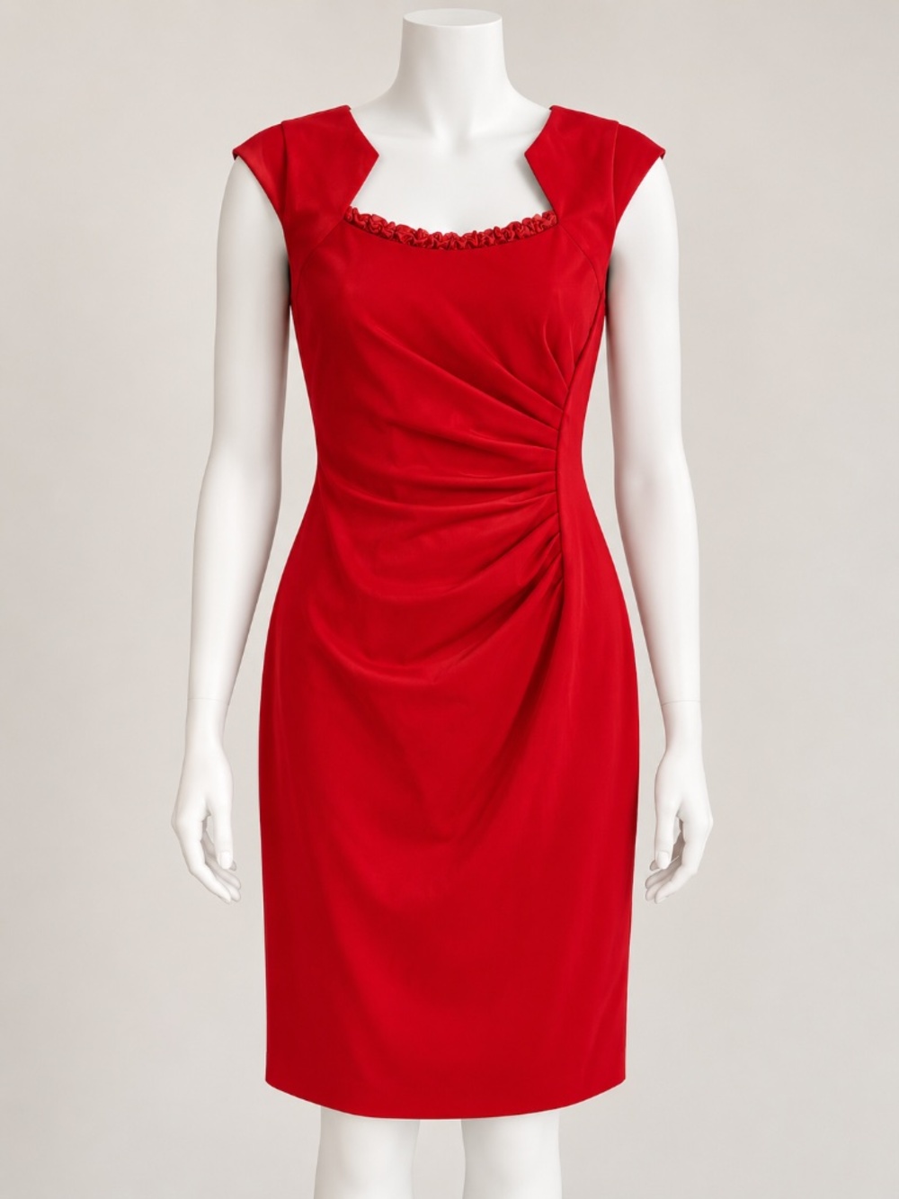 Ellen Tracy Red Lace Neckline Cap Sleeve Ruched Sheath Dress Size 4